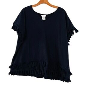 Isela Woman Navy Blue Tassel Trim V-Neck Top Plus Sz 2X Cotton Boxy Boho Hippie